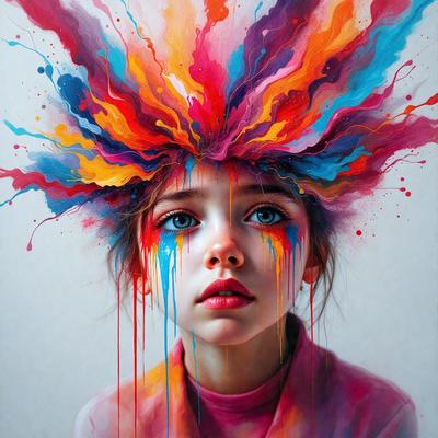 The primary subject of the image is a young girl with a colorful head of hair. She is wearing a pink shirt and has a pink and orange hoodie on. The setting is a white background, and the visual style is a painting or drawing. The colors and mood of the image are vibrant and lively, with the girl's hair being the main focus of the artwork.